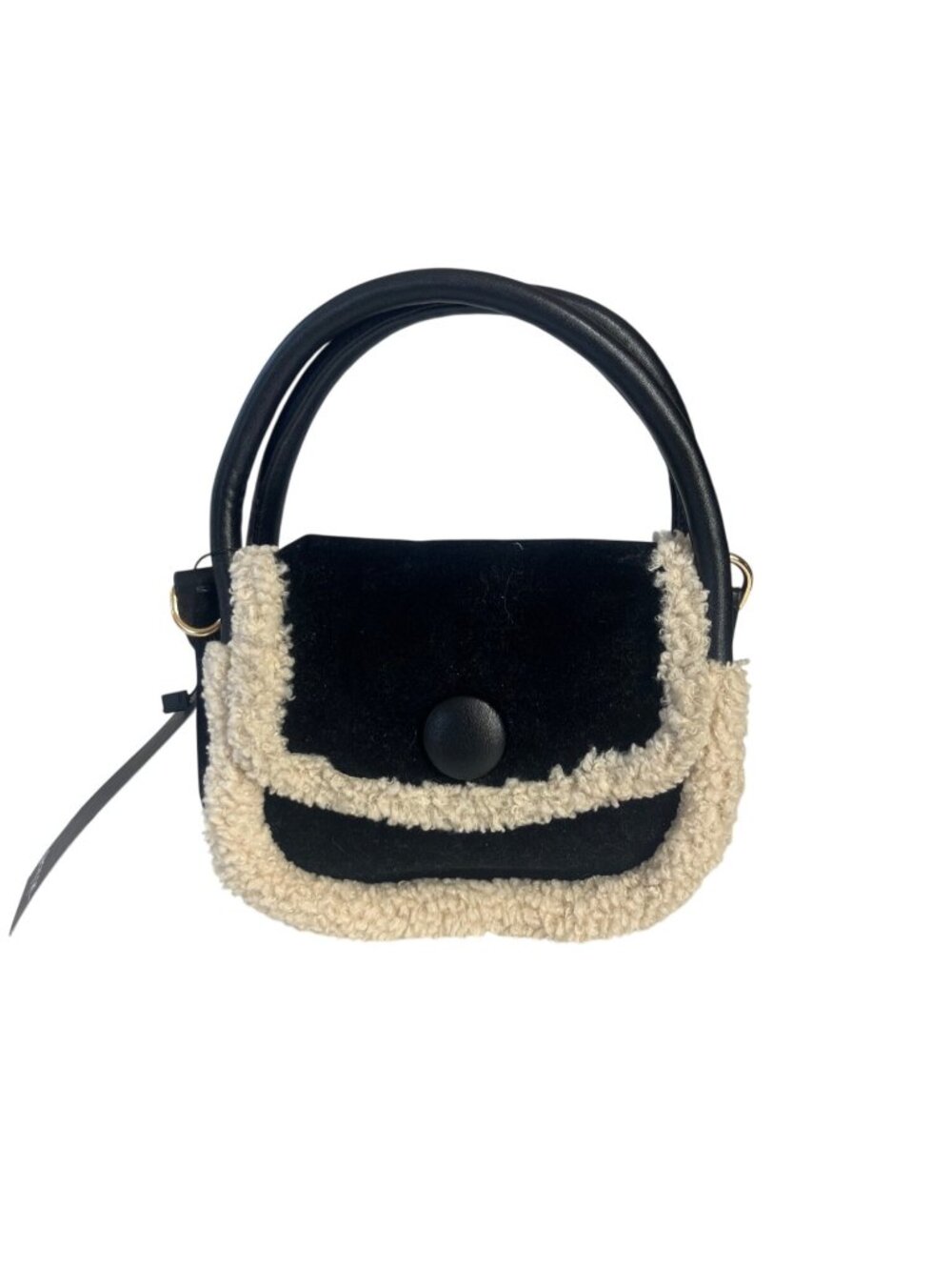 Nasty Gal Faux Shearling Trim Grab Bag Purse Detachable Strap Black Tan New